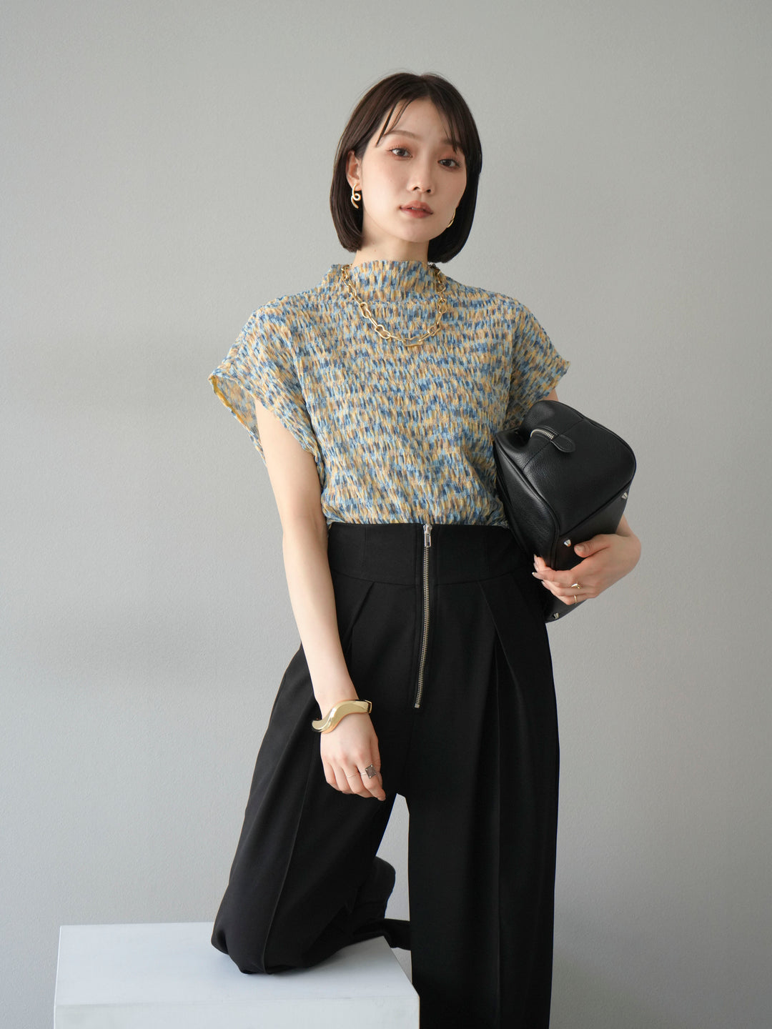 [SET] 多色隨機百褶法式上衣+拉鍊褶襉寬褲（2件套）