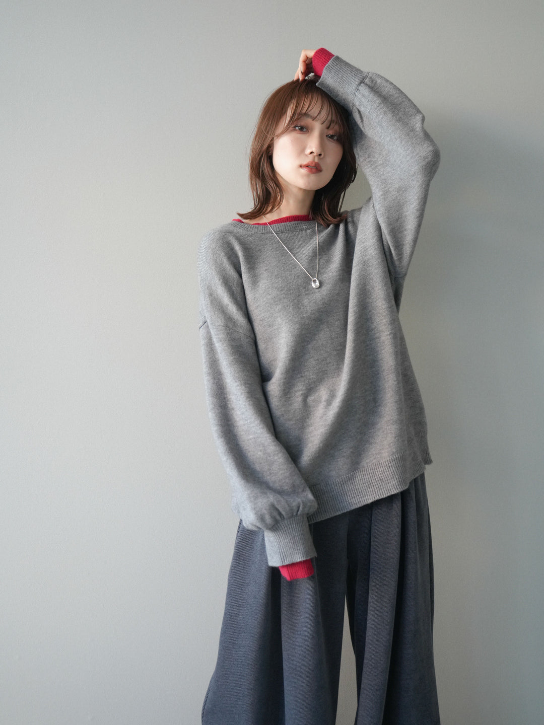 [予約]ヘンリーネック配色レイヤードニットプルオーバー/middlegray