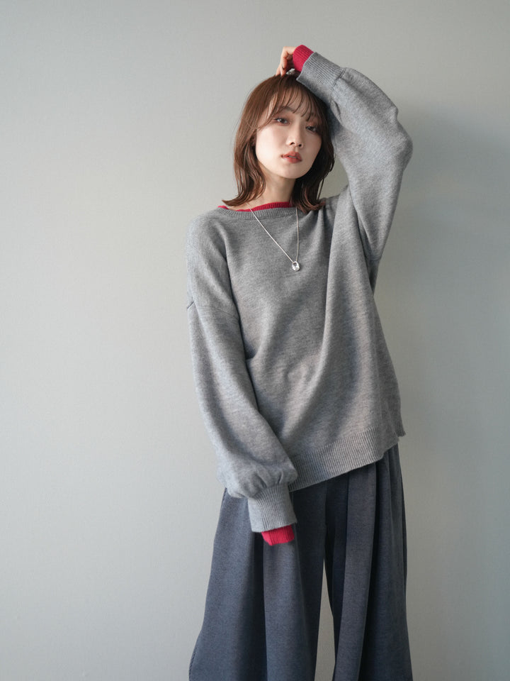 [予約]ヘンリーネック配色レイヤードニットプルオーバー/middlegray
