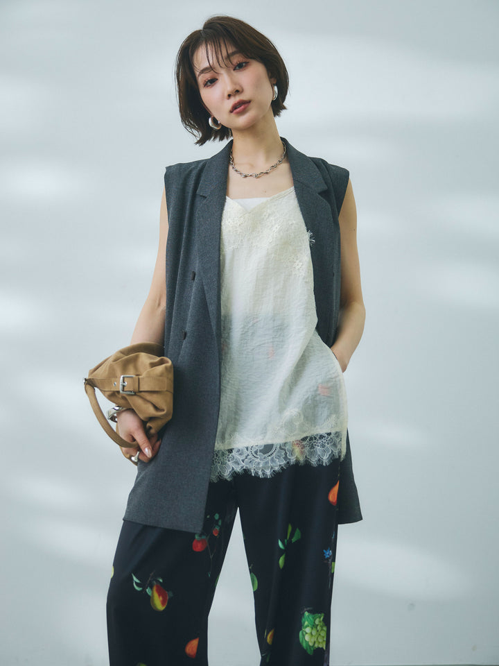 【Allure】[SET]杢調ミディ丈テーラードジレ+リネンタッチレース切替キャミソール(2set)