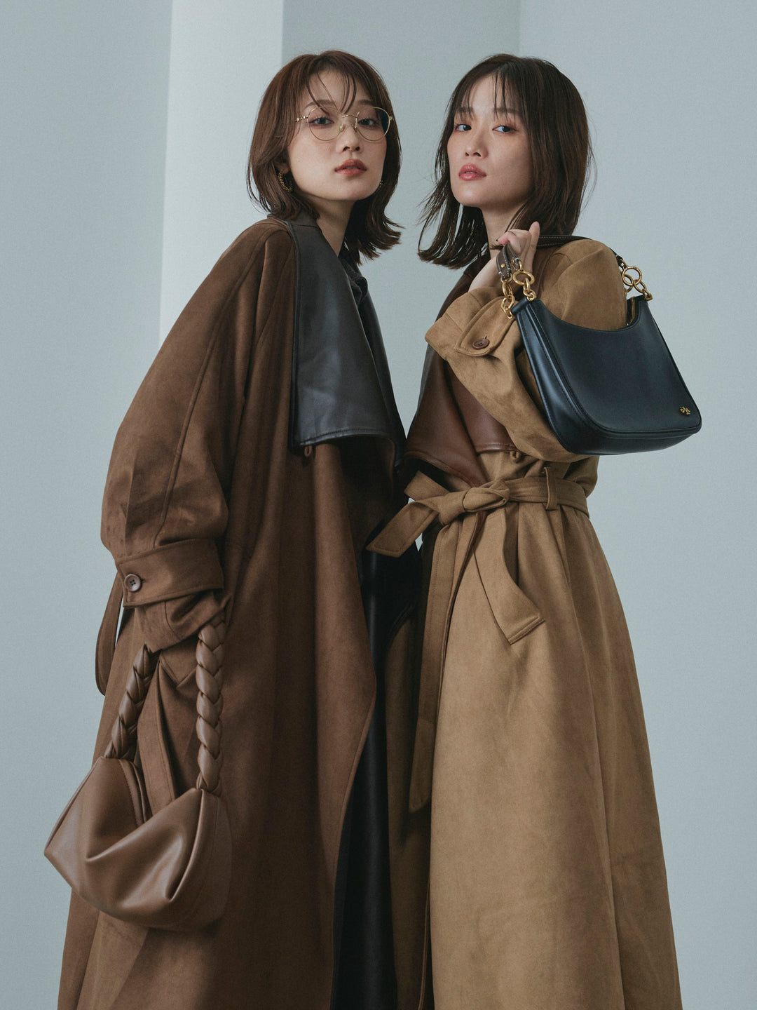 【Allure】[SET]ニットベアトップ＆ワイドパンツSET UP+レザーカラースウェードロングコート(2set)