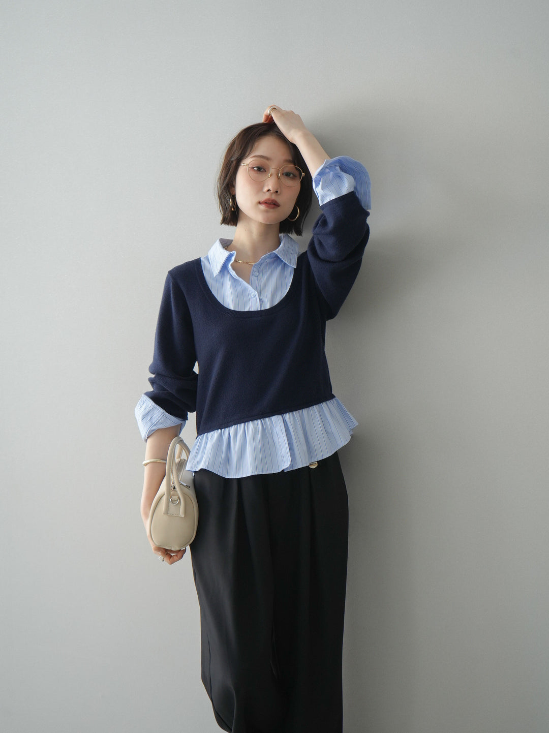 [予約]ストライプシャツUネックドッキングニットプルオーバー/navybluestripeB