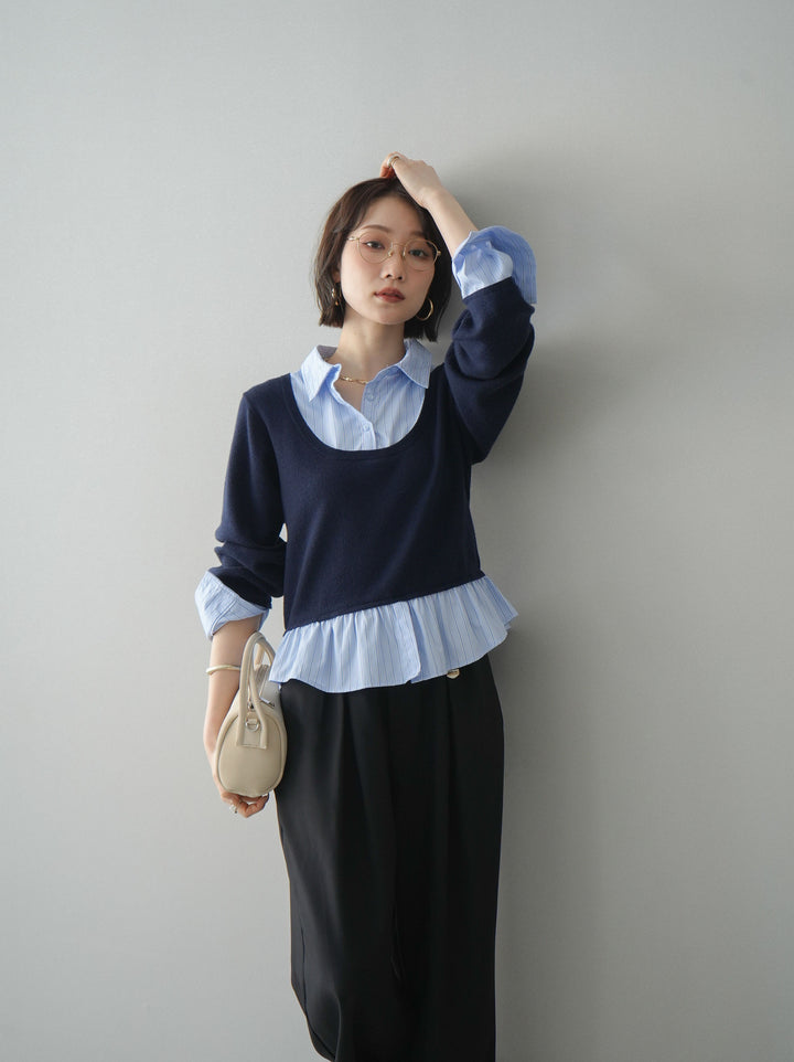 [予約]ストライプシャツUネックドッキングニットプルオーバー/navybluestripeB