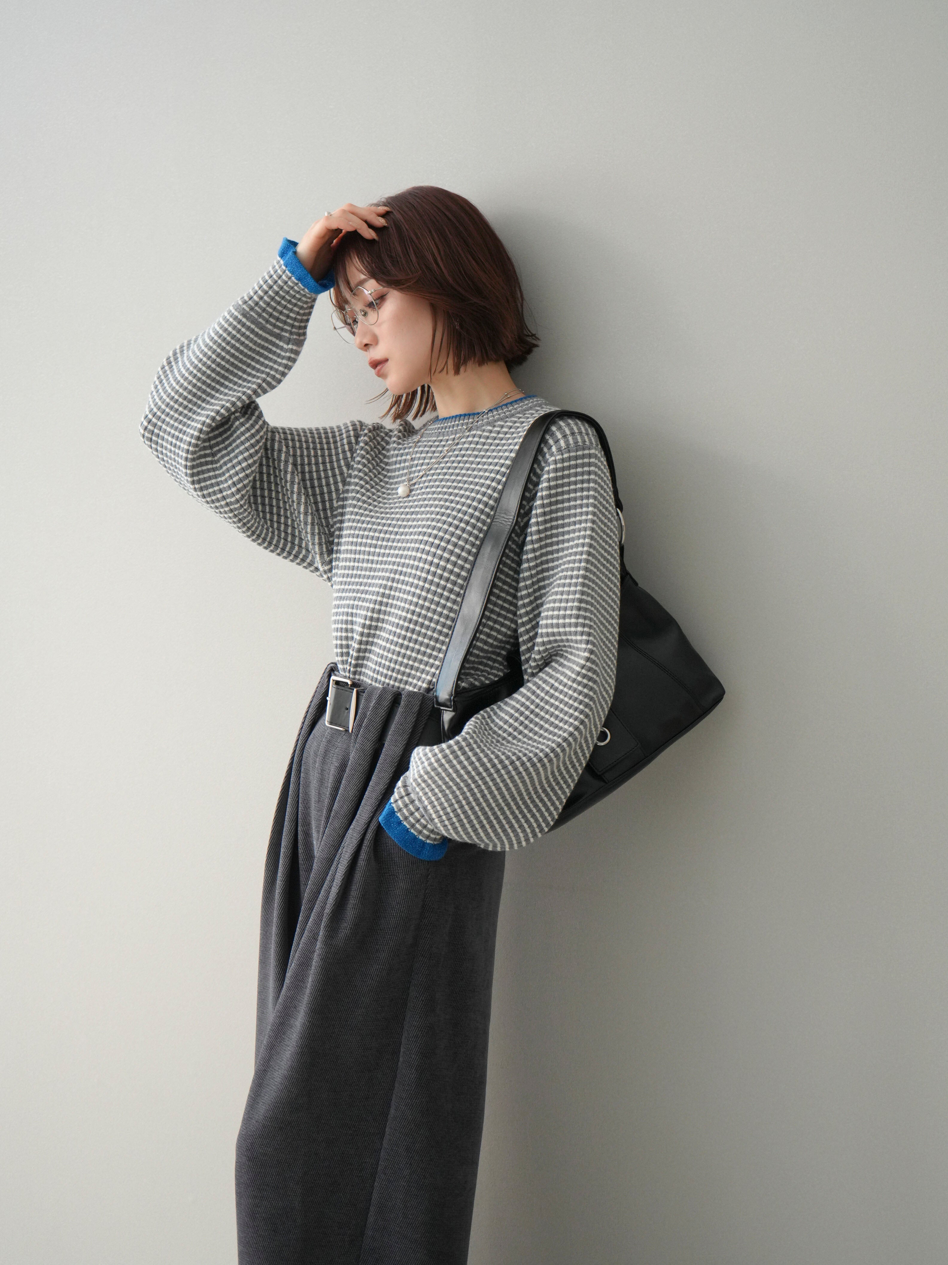 予約]ラメ異素材ボーダーリブニットプルオーバー/charcoal×blue – Lumier