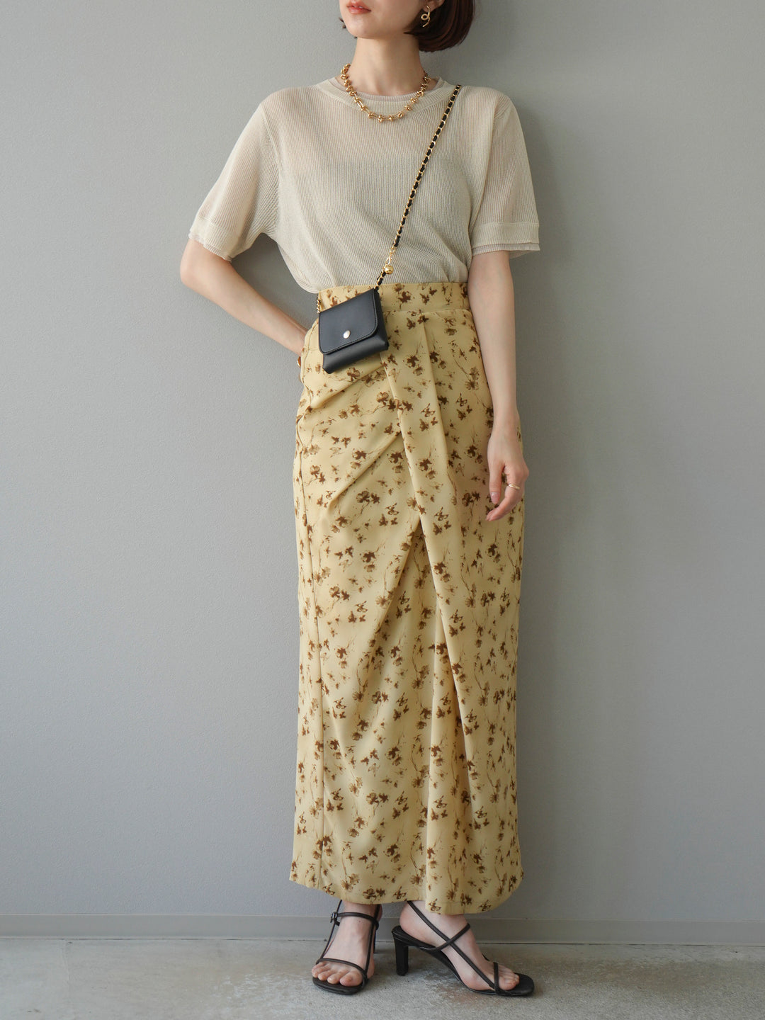 [SET]リネンタッチ配色二重臼ハーフニットトップス+選べるアソート柄スカートセット(2set)