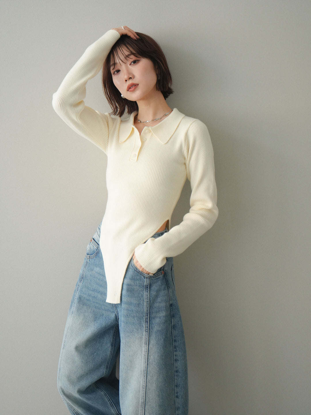 [予約]リブポロニットボディスーツ/ivory