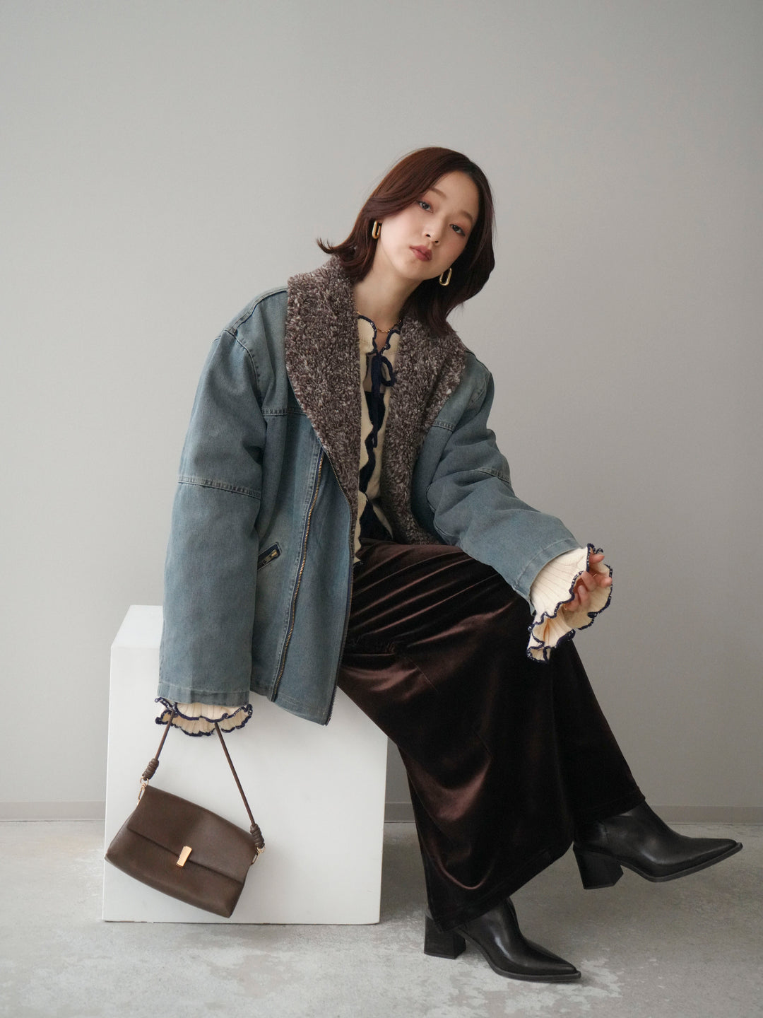 [SET]ミックスボアデニムジャケット+フロントリボン配色メローニットカーディガン+ギャザーベロアスカート(3set)