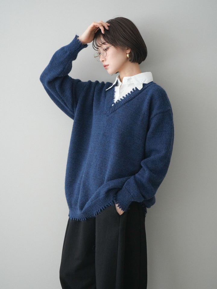 [予約]シャツドッキングVネックフリンジニットプルオーバー/navy