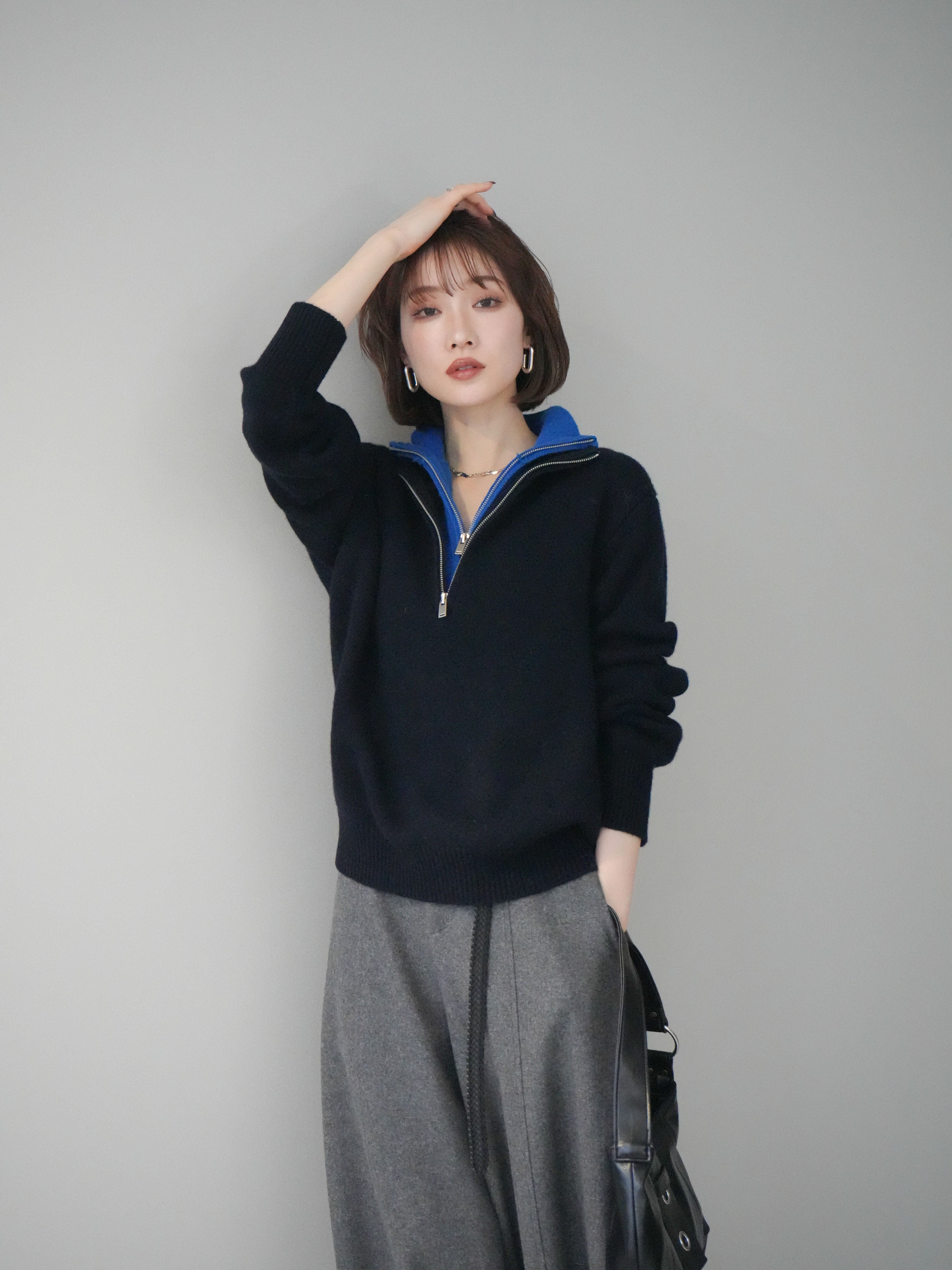 予約]ウールxカシミヤハーフジップダブルネックニットプルオーバー