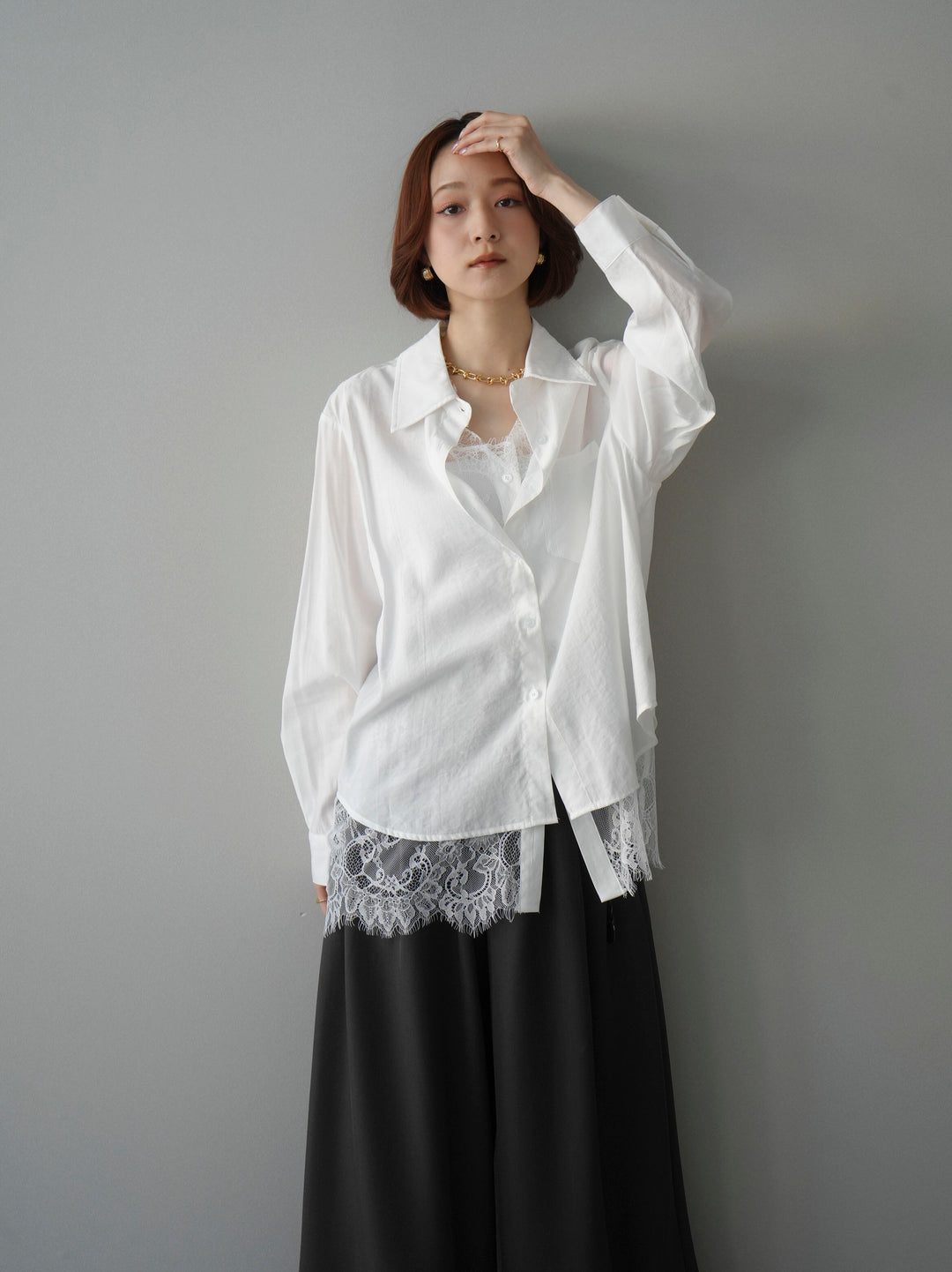 [SET]レイヤードデザイン裾レースブラウス+レイヤードデザイン裾レースブラウス(2set)