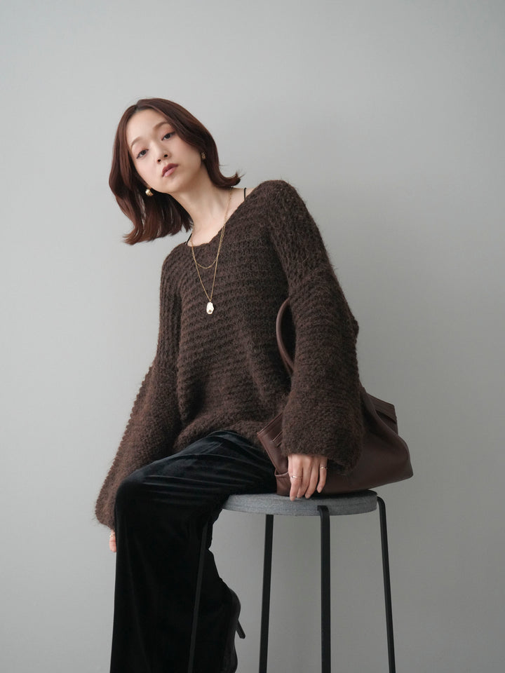 [SET]ワッフル編みシャギーニットプルオーバー+ギャザーベロアスカート(2set)