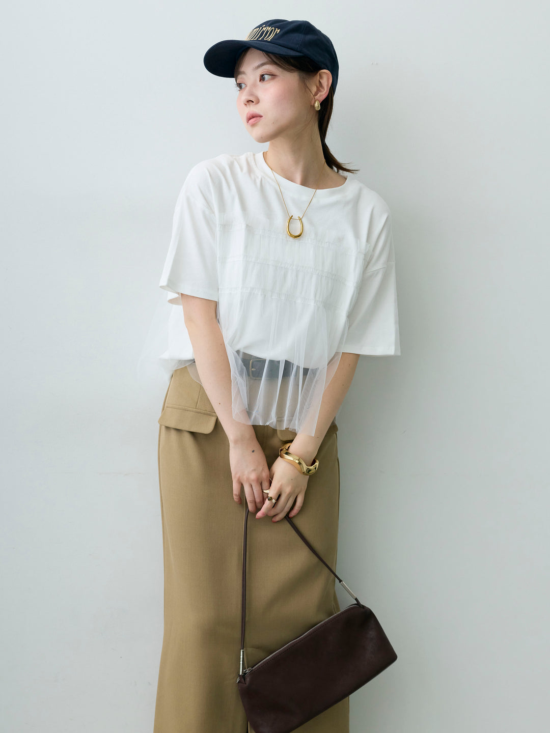 [SET]ギャザーチュールドッキングTEE+クレープデシンフラップ付きストレートスカート(2set)