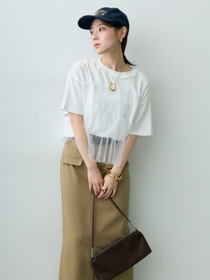 [SET]ギャザーチュールドッキングTEE+クレープデシンフラップ付きストレートスカート(2set)