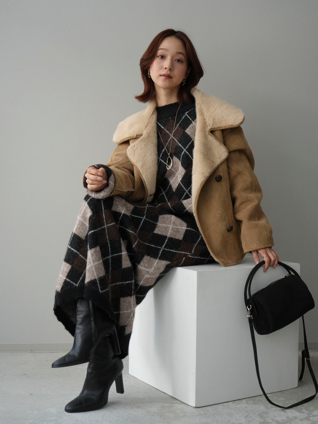 [SET]アーガイルニットプルオーバー&ロングスカートSET UP+ムートンショートジャケット(2set)