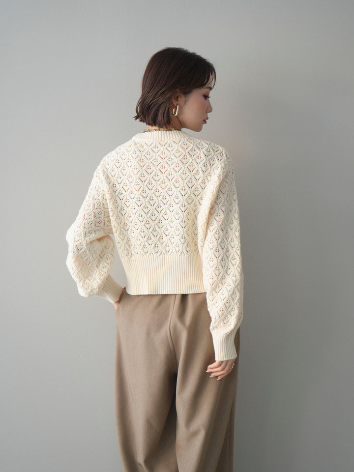 [予約]透かし編みフロントジップスリットニットプルオーバー/ivory