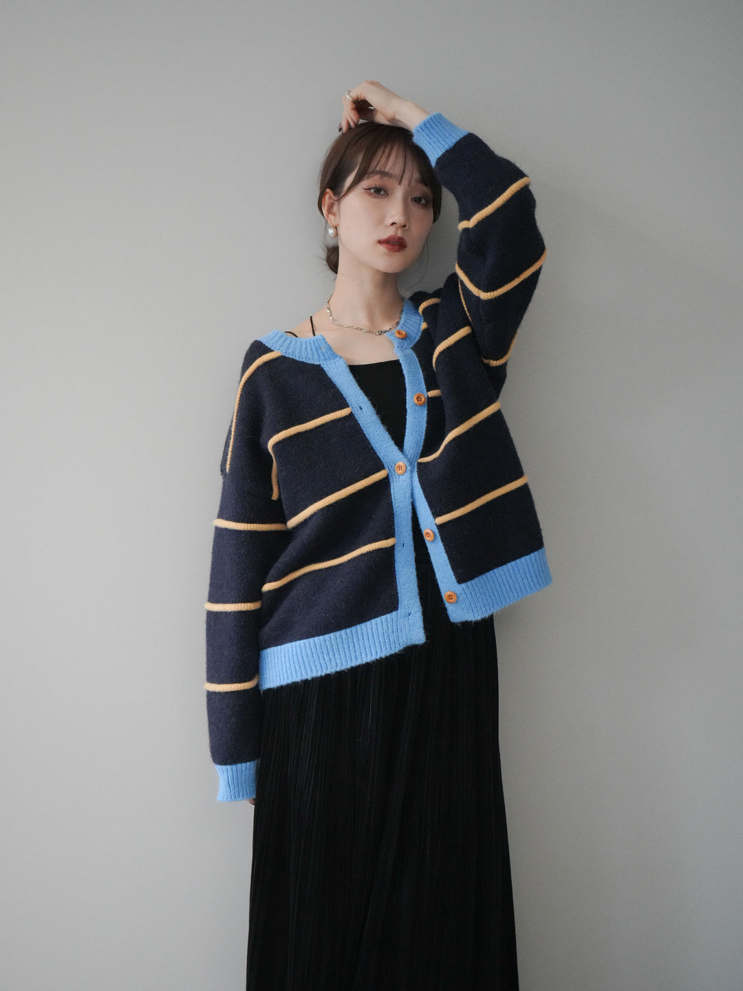 [予約]配色ボーダーニットカーディガン/navy