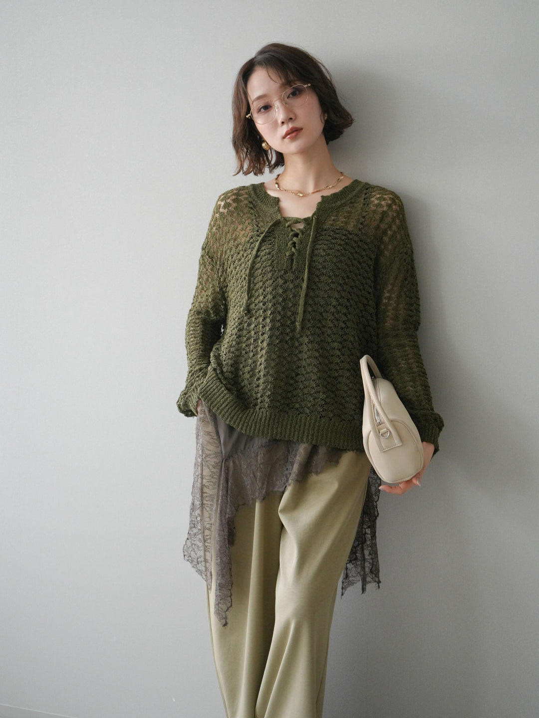 [予約]パネルメッシュニットトップス/khaki