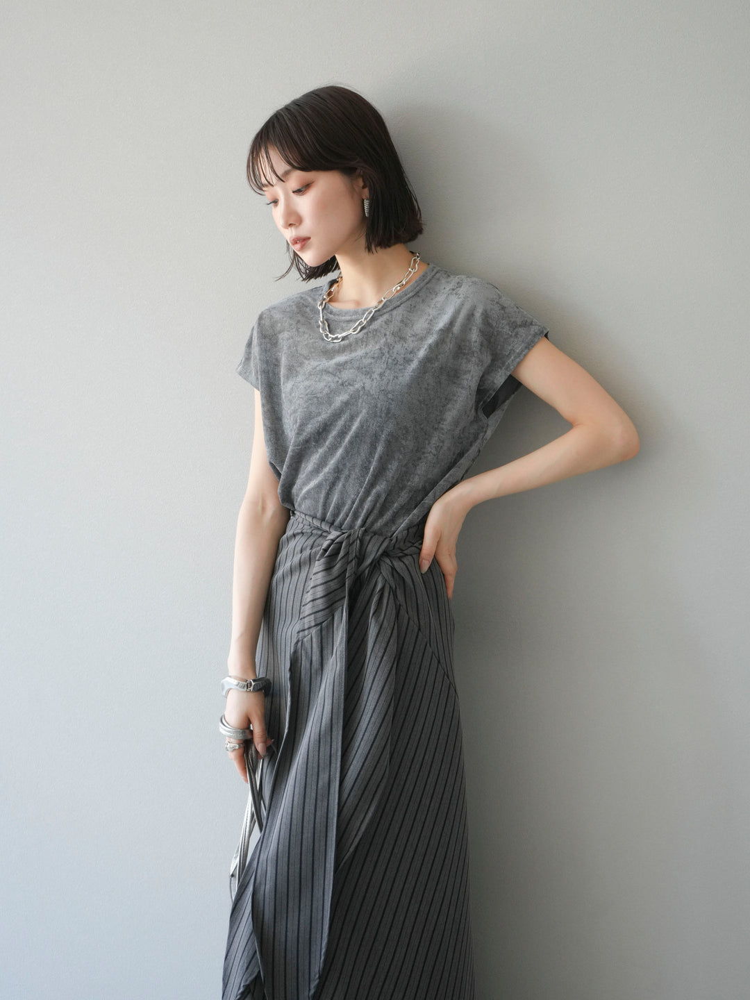 [SET]シアーベロアプルオーバー+サイド巻きツイルスカート(2set)