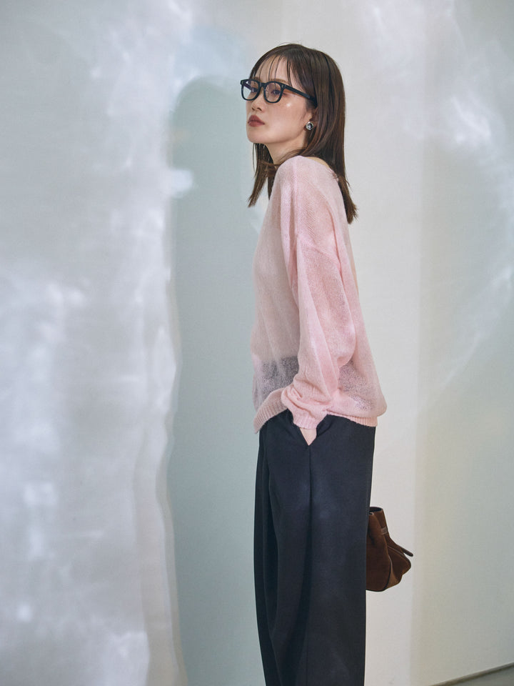 [予約]モヘアタッチ透かし編みボートネックニットプルオーバー/pink
