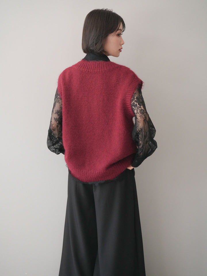 [SET]アーガイルVネックニットベスト+総レースボリュームスリーブシャツ(2set)