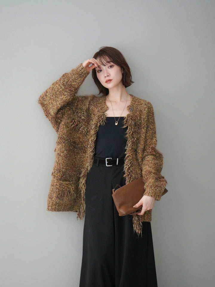 [SET]ミックスヤーンフリンジデザインニットジャケット+ベルト付きフロントタックワイドパンツ(2set)