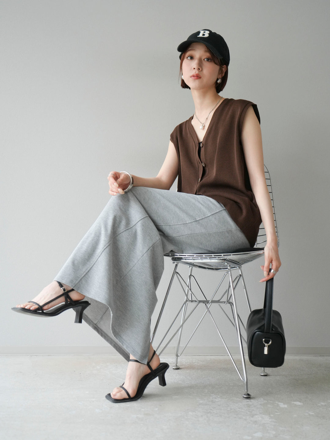 [SET]Vネックレーヨンニットベスト+スウェットロングスカート(2set)