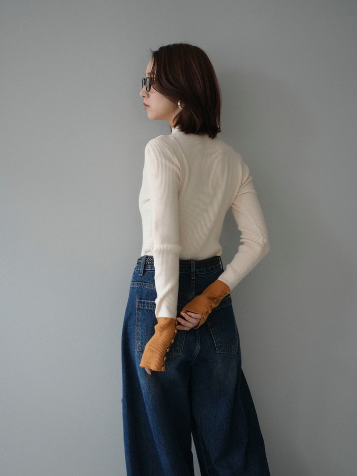 [SET]袖ボタンハイネック配色リブニットトップス+選べるアクセセット(2set)