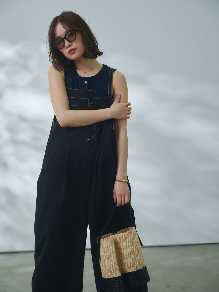 【Allure】[SET]カットオフコットンツイル配色ステッチサロペット+フロントボタンテレコリブタンクトップ(2set)