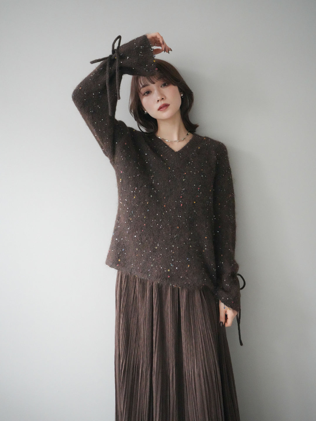 [予約]キャンディースリーブカラーネップスパンコールニットプルオーバー/brown