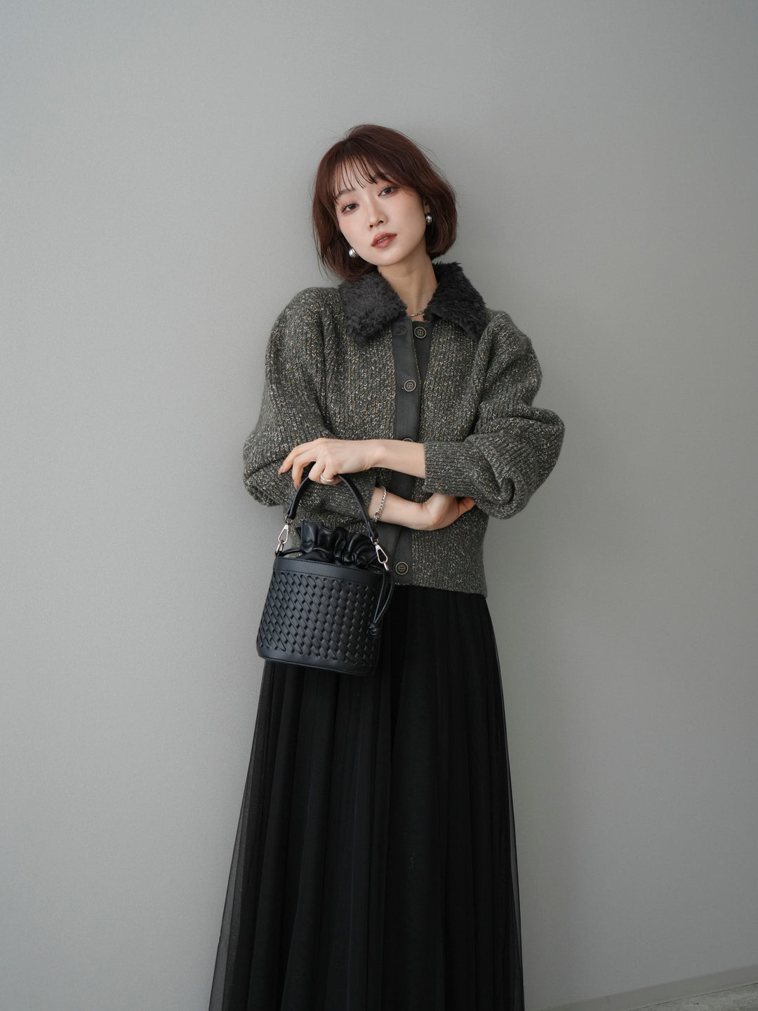 [予約]襟ボアミックスヤーンニットカーディガン/gray