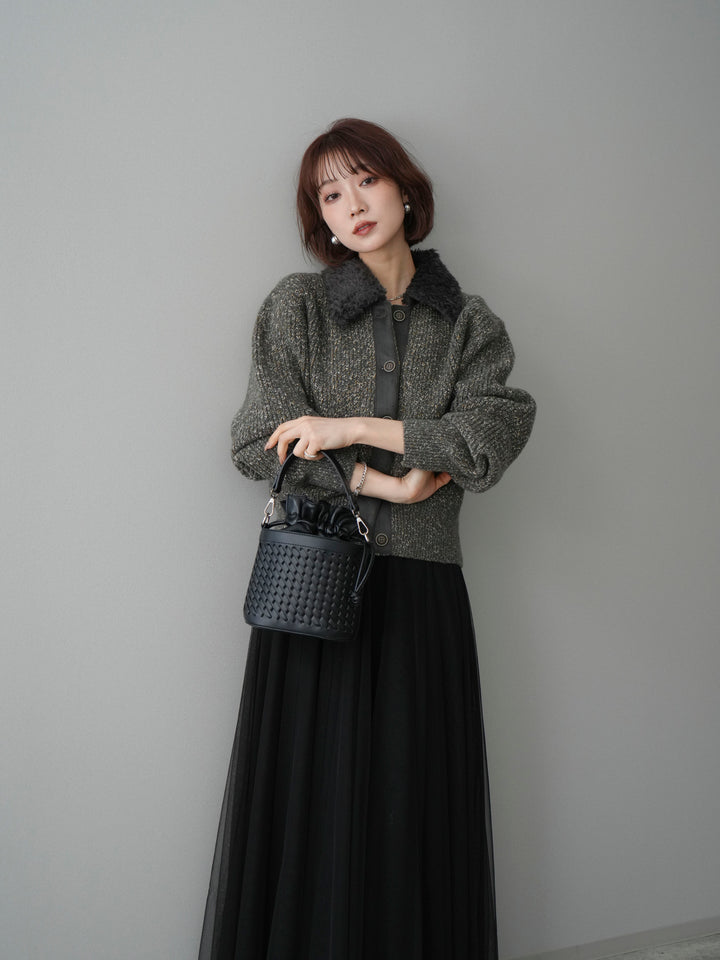 [予約]襟ボアミックスヤーンニットカーディガン/gray