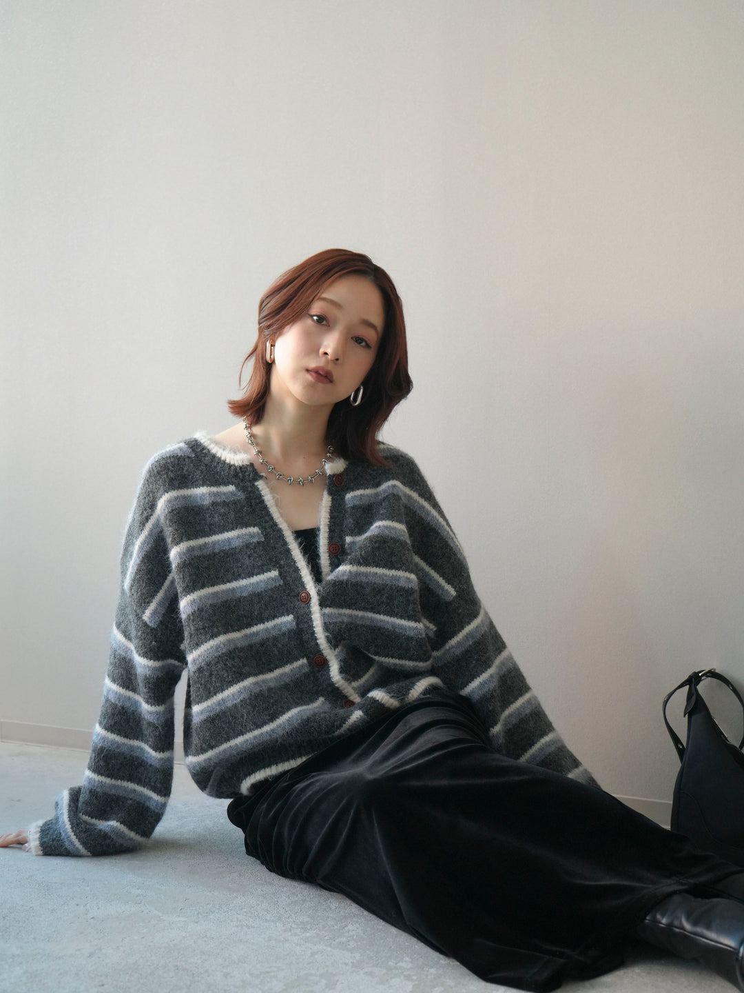 [予約]ウールタッチ配色ボーダーニットカーディガン/gray