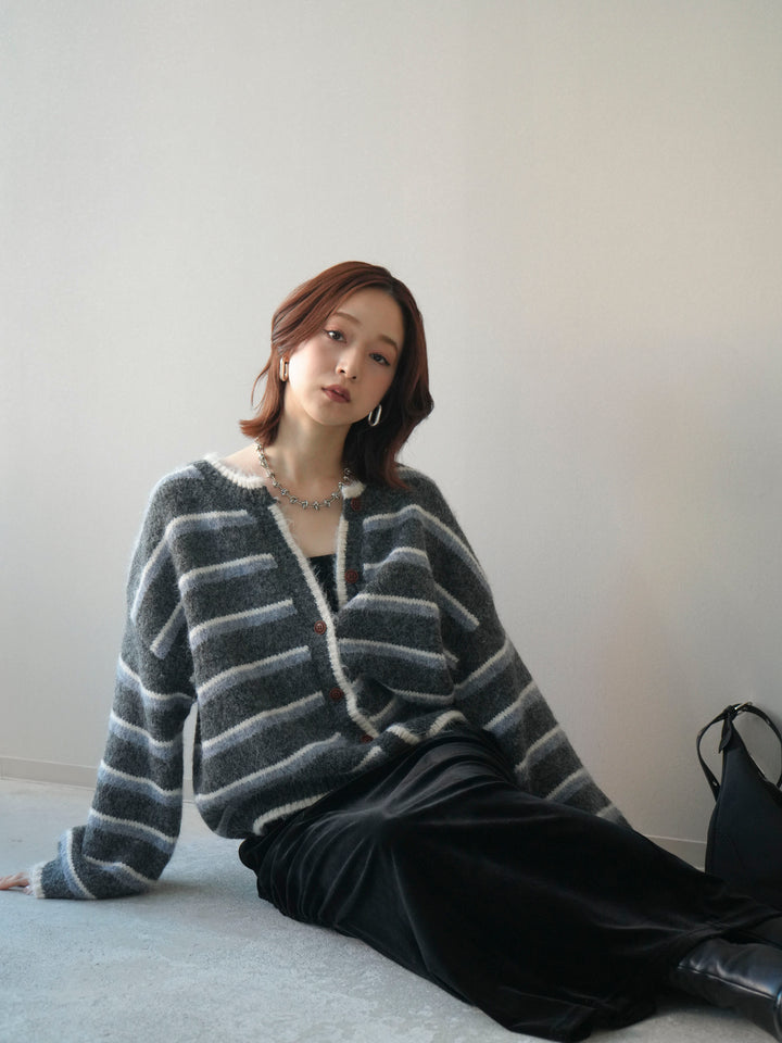 [予約]ウールタッチ配色ボーダーニットカーディガン/gray