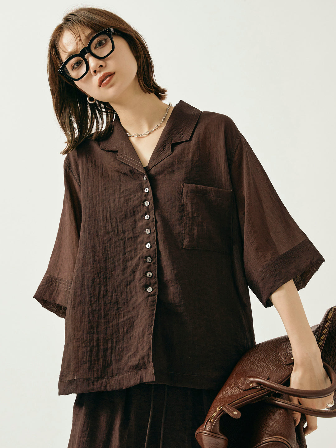 [予約]シャイニースラブシアー開襟ハーフシャツ/ブラウン
