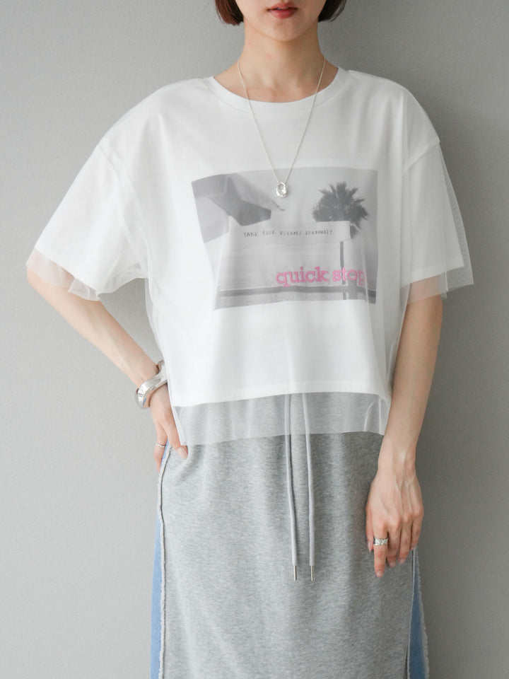 [予約]チュールドッキングフォトTシャツ/オフホワイト×ピンク