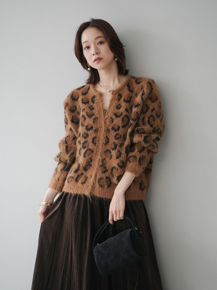 [SET]モヘアタッチレオパード柄ニットカーディガン+ワッシャーベロアプリーツスカート(2set)
