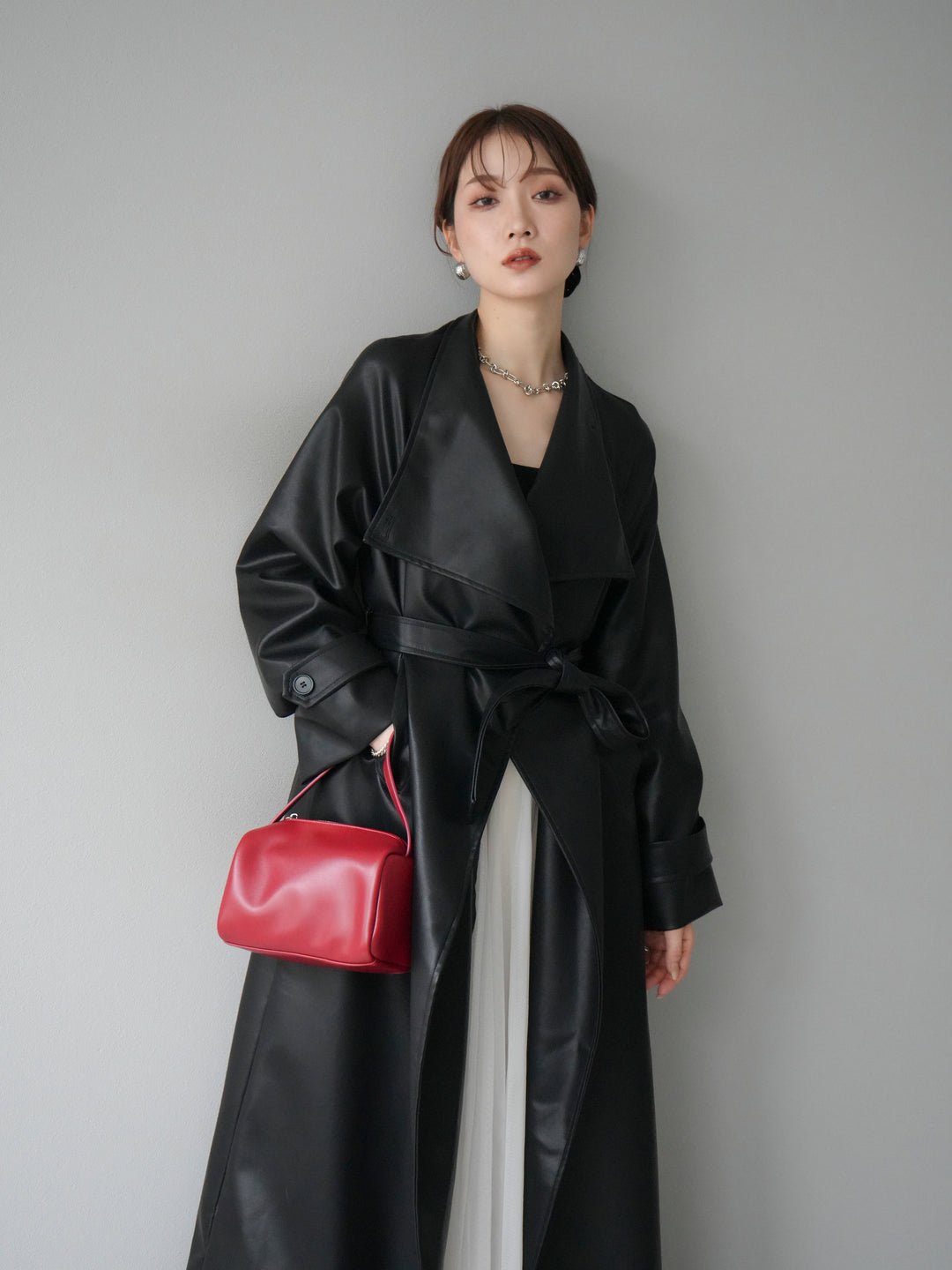 [予約]BIGカラーレザーロングコート/ブラック