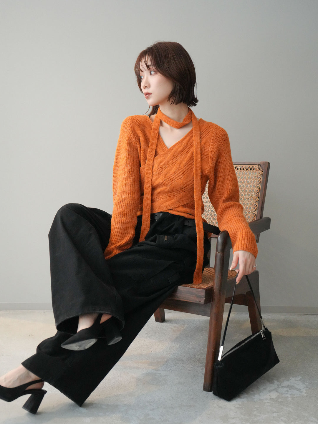 [予約]ケーブル編みクロスニットトップス/orange
