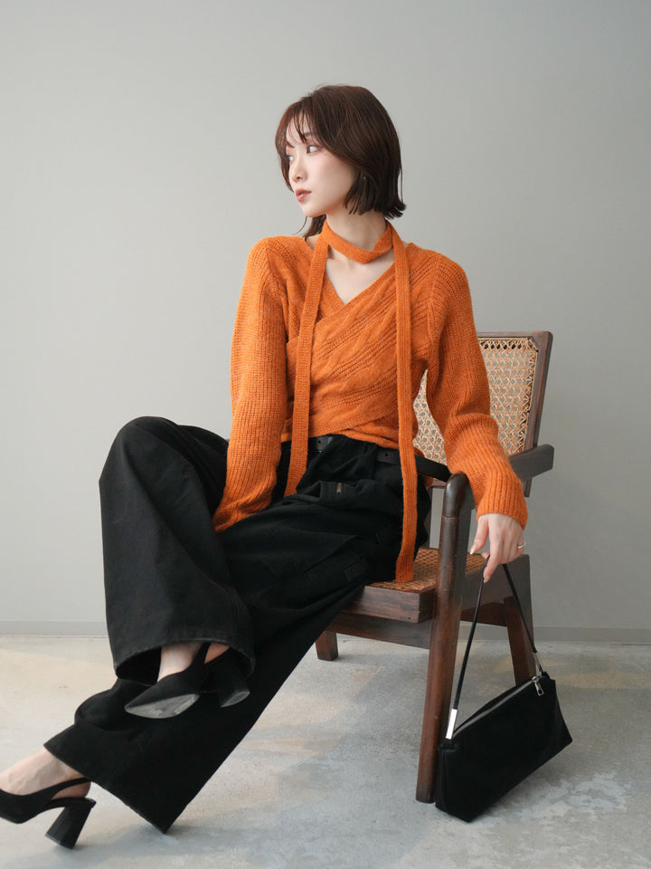 [予約]ケーブル編みクロスニットトップス/orange