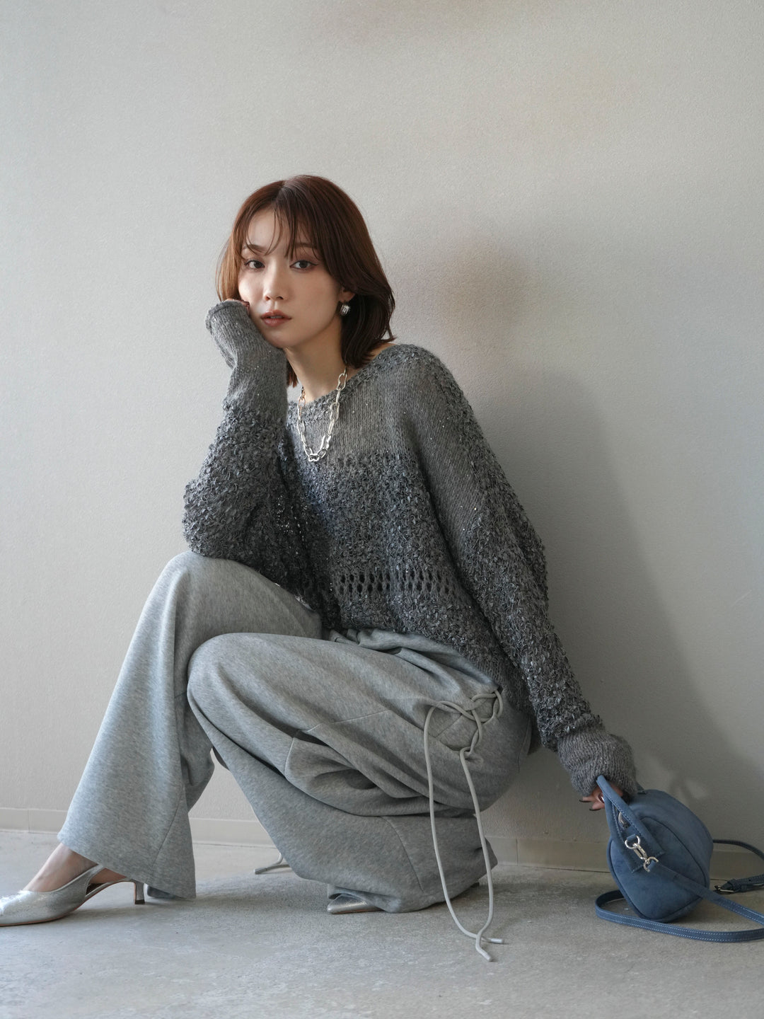 [予約]ミックスヤーンデザイン編みメッシュニットプルオーバー/グレー