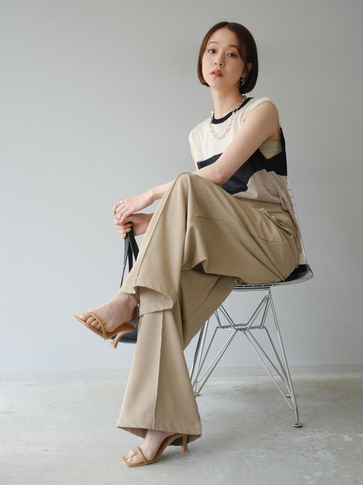 [SET]バイカラーシアーニットノースリーブ+ジップタックワイドパンツ(2set)