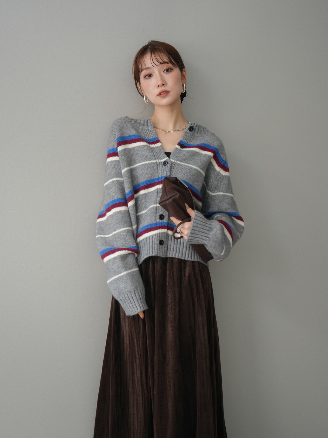 [予約]ランダムボーダーニットカーディガン/gray