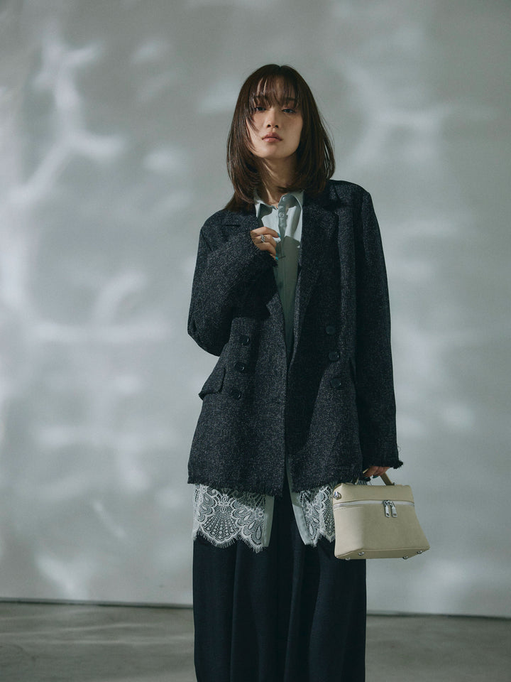 【Allure】[SET]スラブツイードフリンジテーラージャケット+裾レースポプリンシャツ+ワッシャーサテンタックジョガーパンツ(3set)