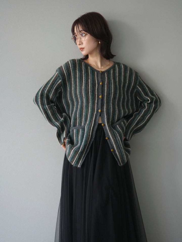 [予約]アンティークボタンストライプニットカーディガン/charcoal