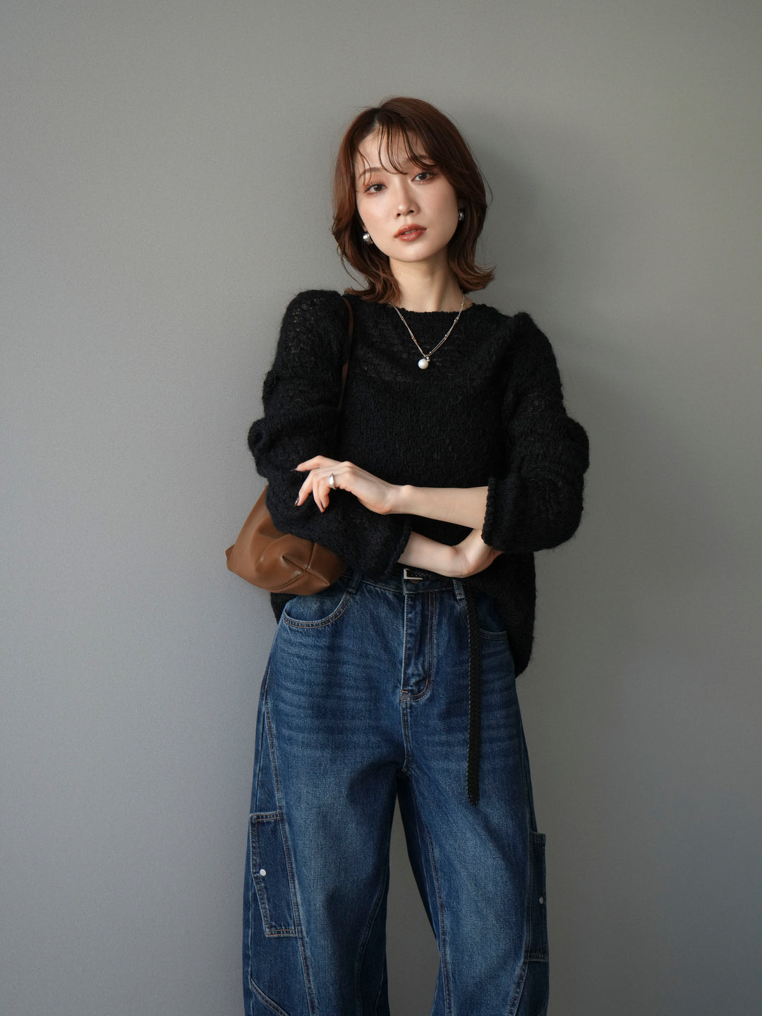 [予約]透かし編みモヘアタッチポコポコニットプルオーバー/black