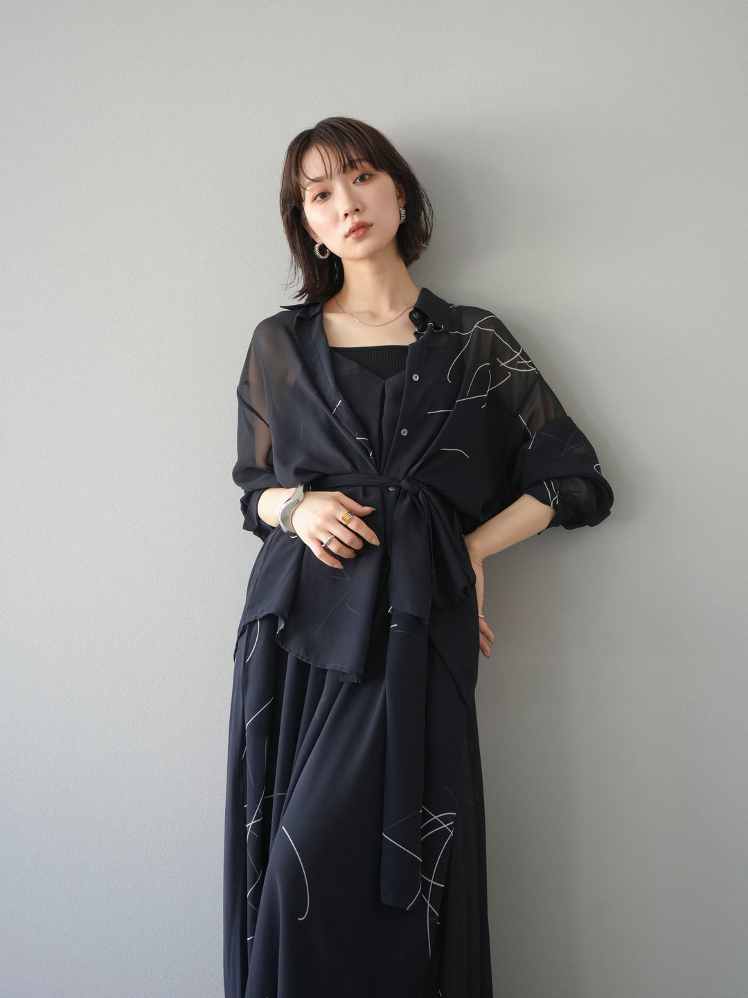 [SET]ペンタッチシフォンキャミワンピース+ペンタッチシフォンシャツ(2set)