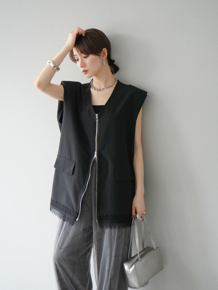 [預購] 雙拉鍊蕾絲下擺背心/黑色