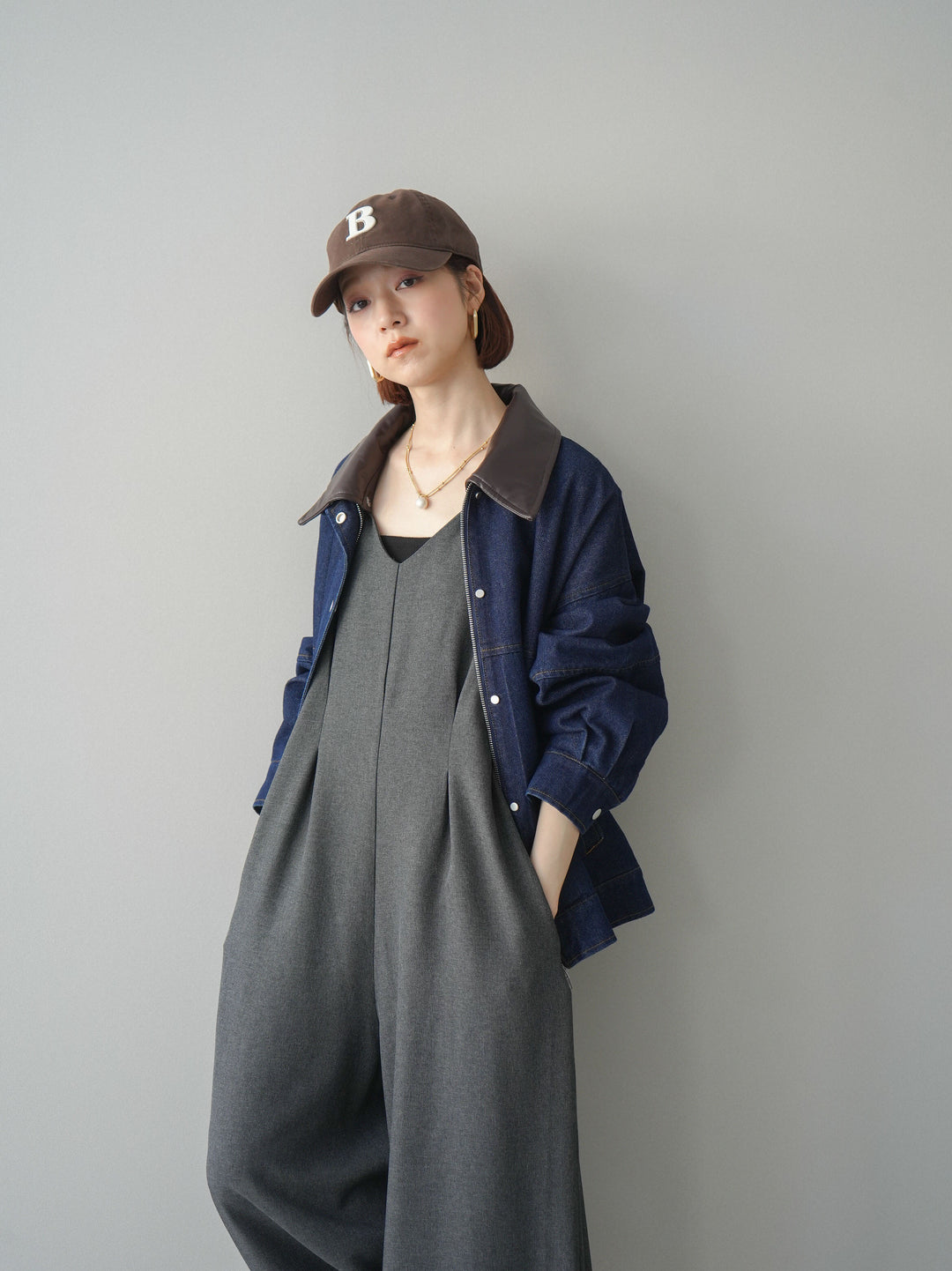 [予約]配色襟レザーデニムブルゾン/indigo