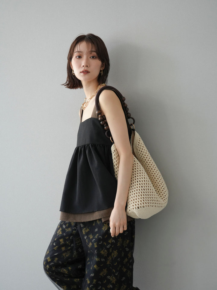 [予約]リネンライク配色フレアタンクトップ/ブラック