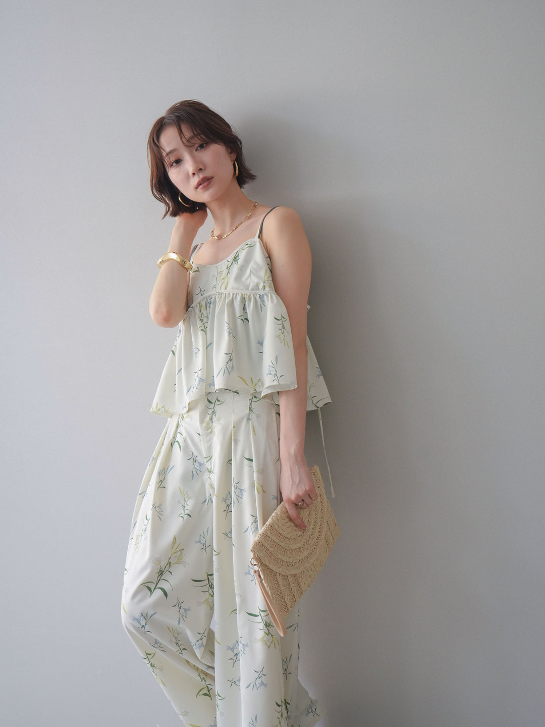 [SET]フラワープリントキャミソール+フラワープリントタックパンツ(2set)